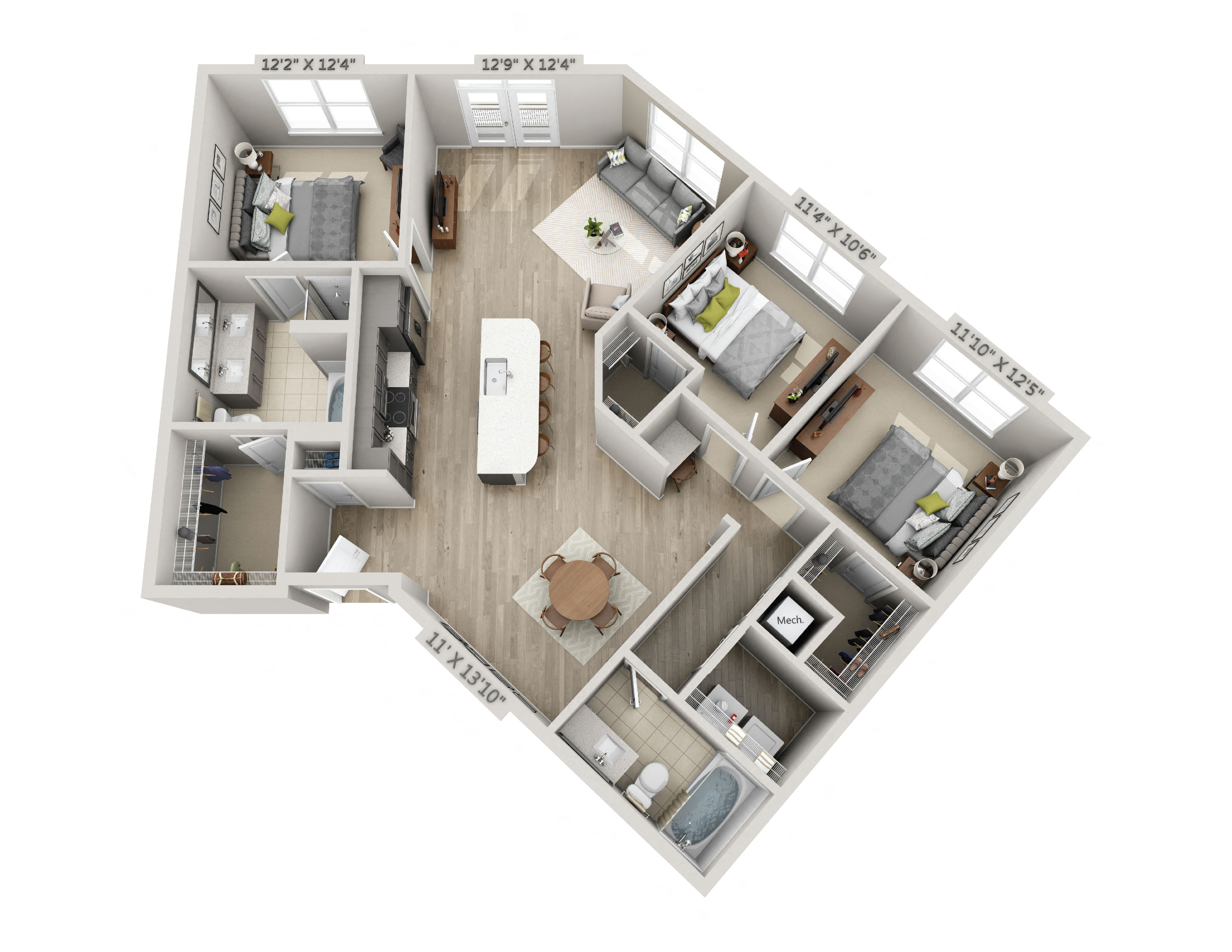 Floor plan for 3 beds, 2 baths, 1439 sqft